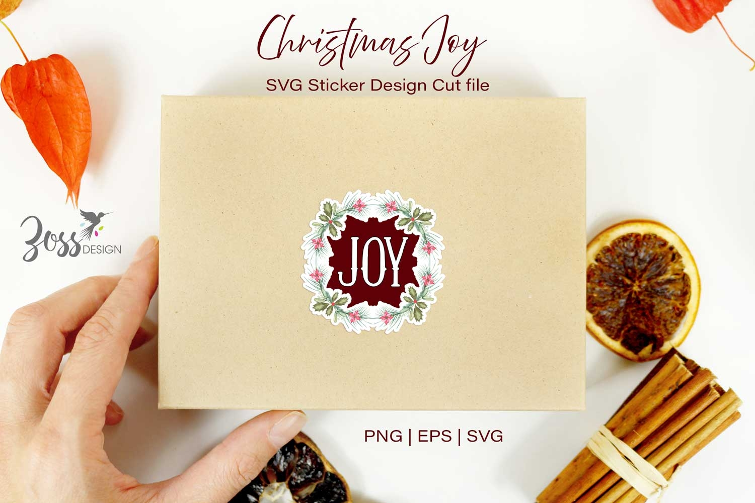 Watercolor Christmas Wreath "Joy" Sticker Design | SVG product image 1