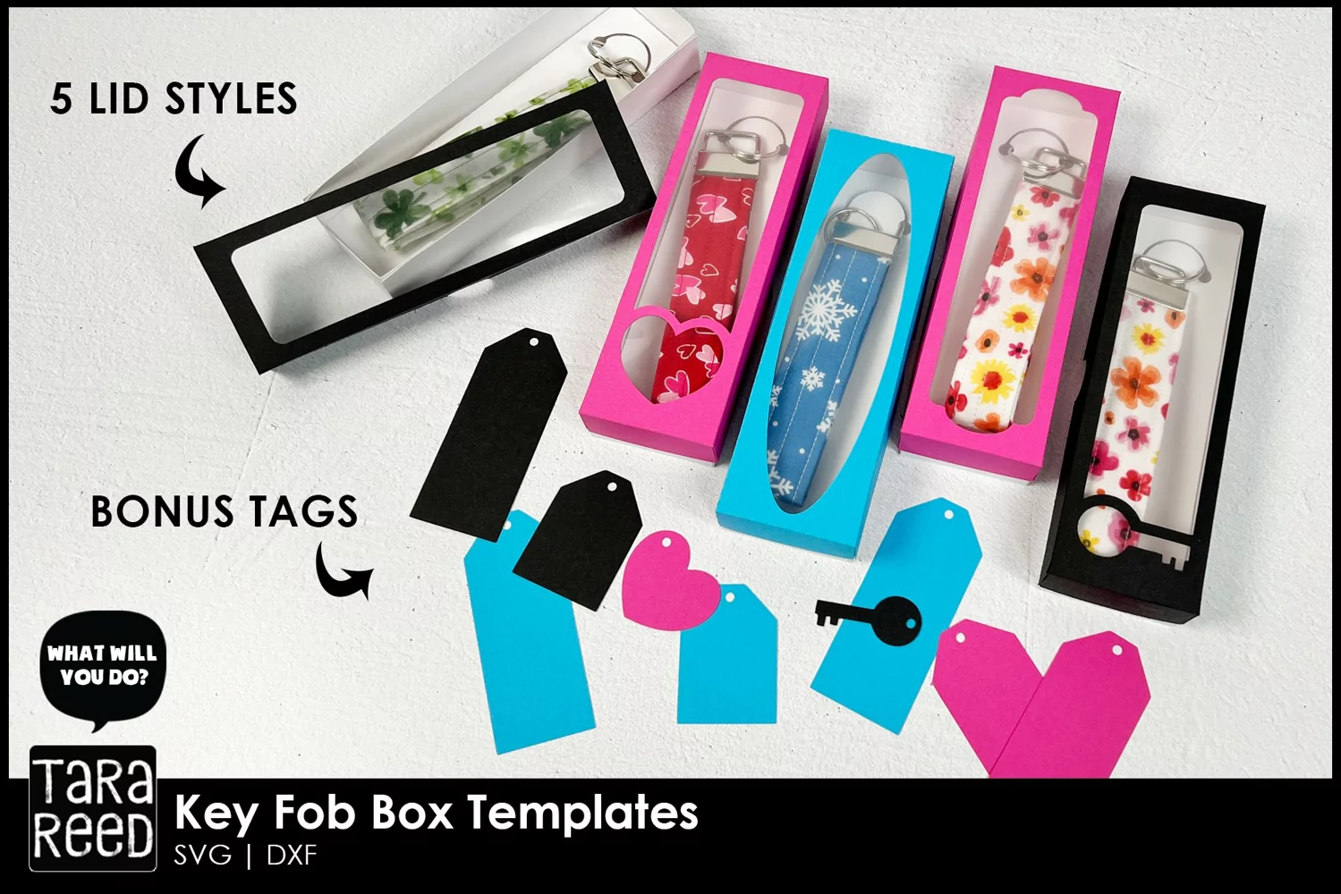 Key Fob Box template with 5 lid options and bonus tags