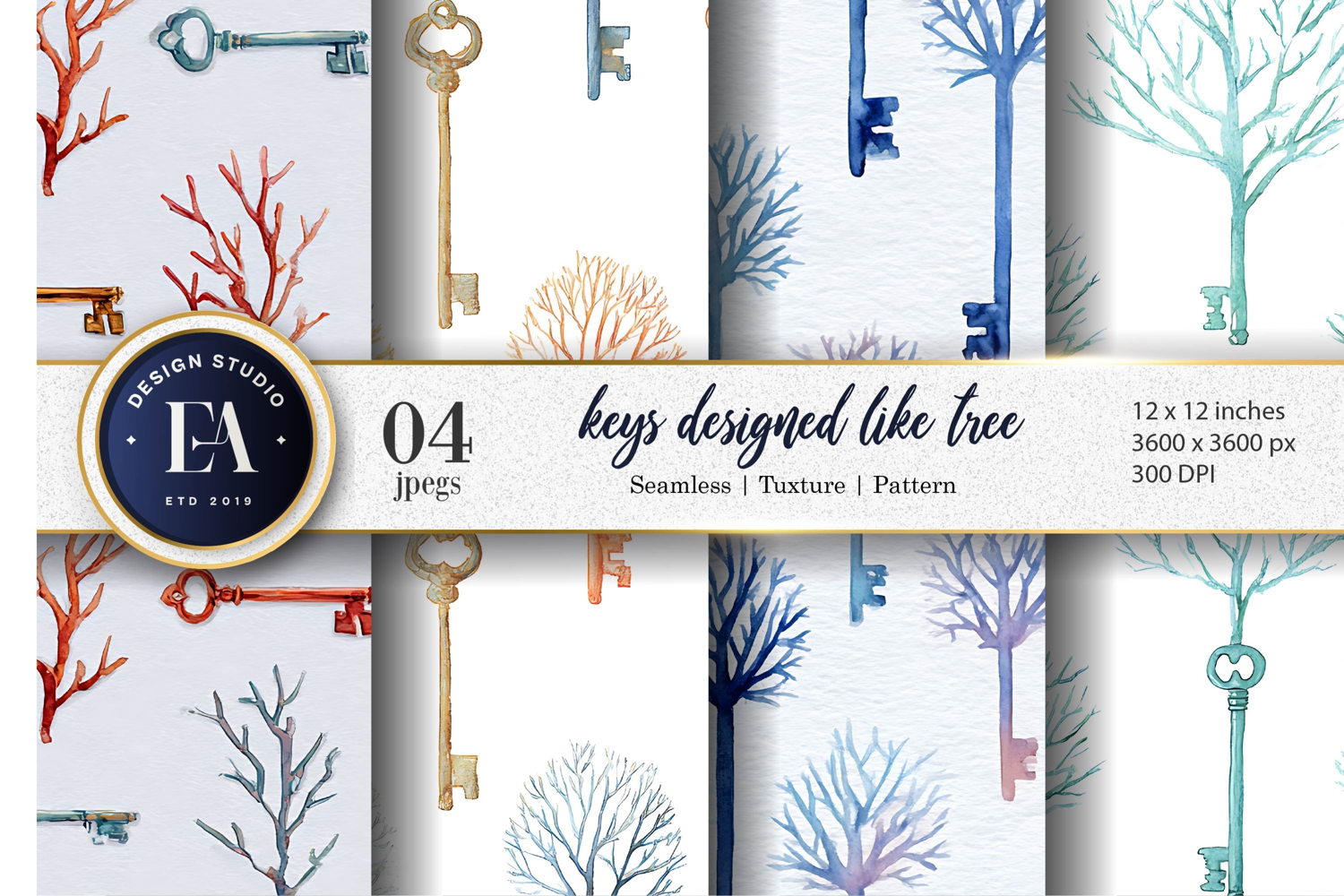 Keys Designed Like Tree Branches Watercolor Digital Paper product image 1