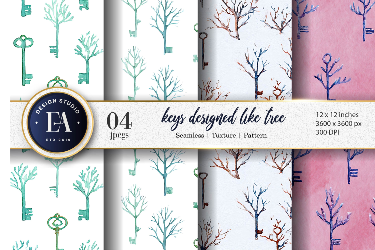 Tree Branch Keys Watercolor Seamless Digital Paper product image 1