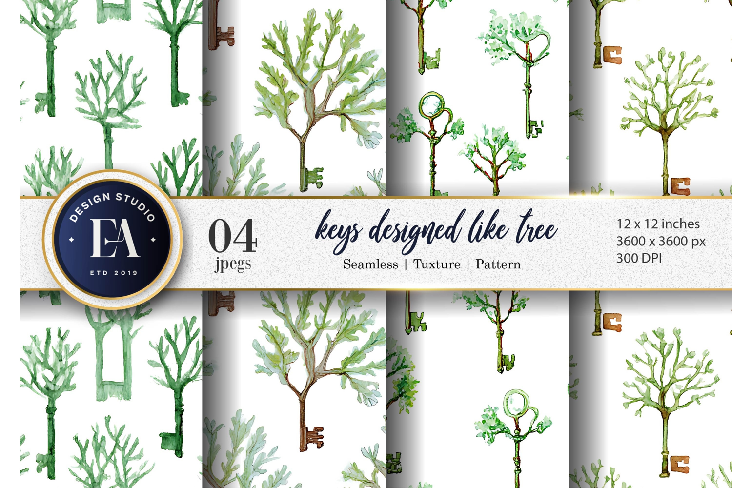 Tree Branch Keys Watercolor Seamless Digital Paper product image 1
