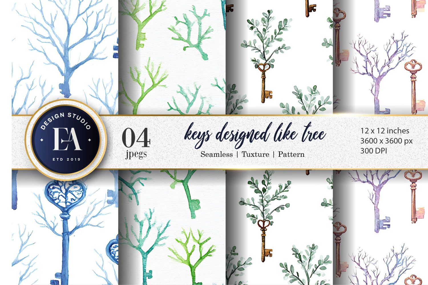 Hand-Painted Tree Keys Seamless Watercolor Digital Paper product image 1