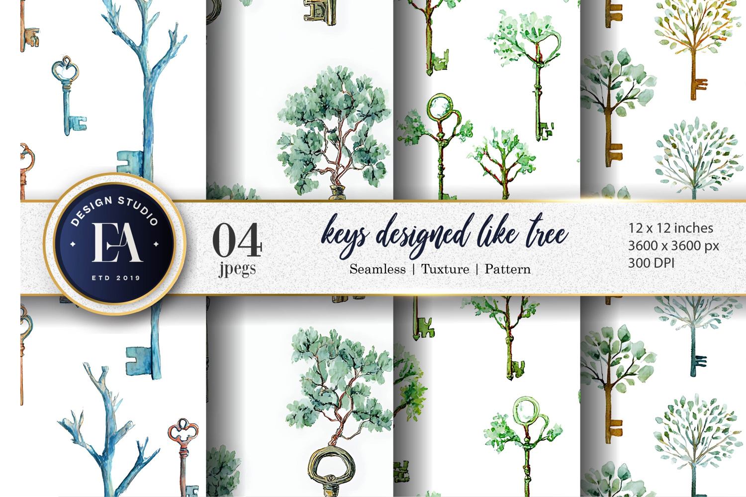 Keys Designed Like Tree Branches Watercolor Digital Paper product image 1