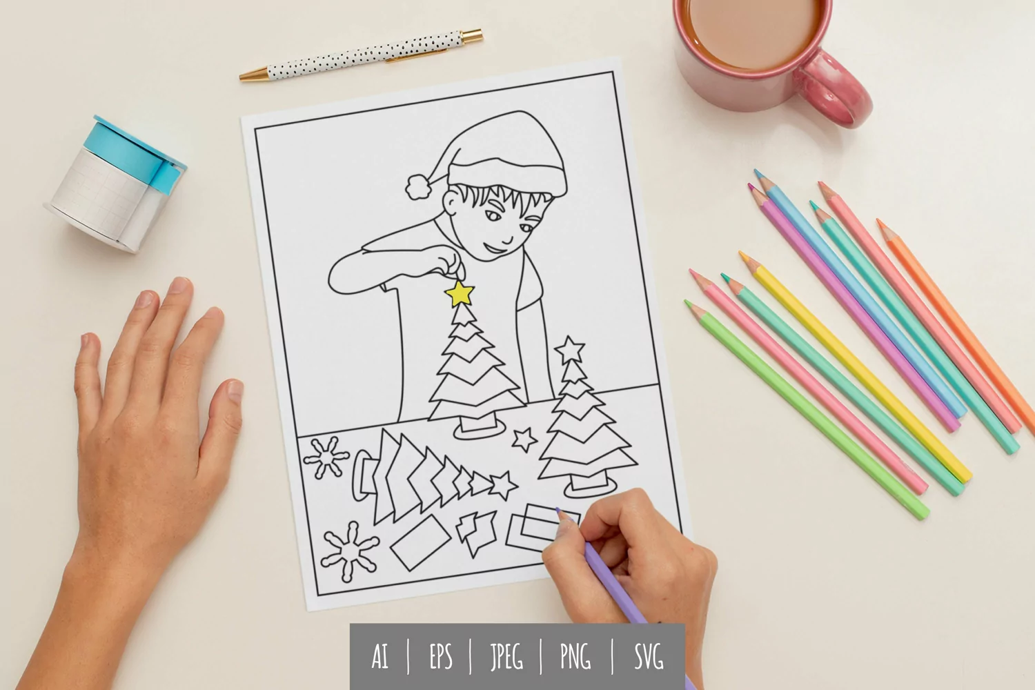 Boy Decorating Christmas Tree Coloring Page product image 1