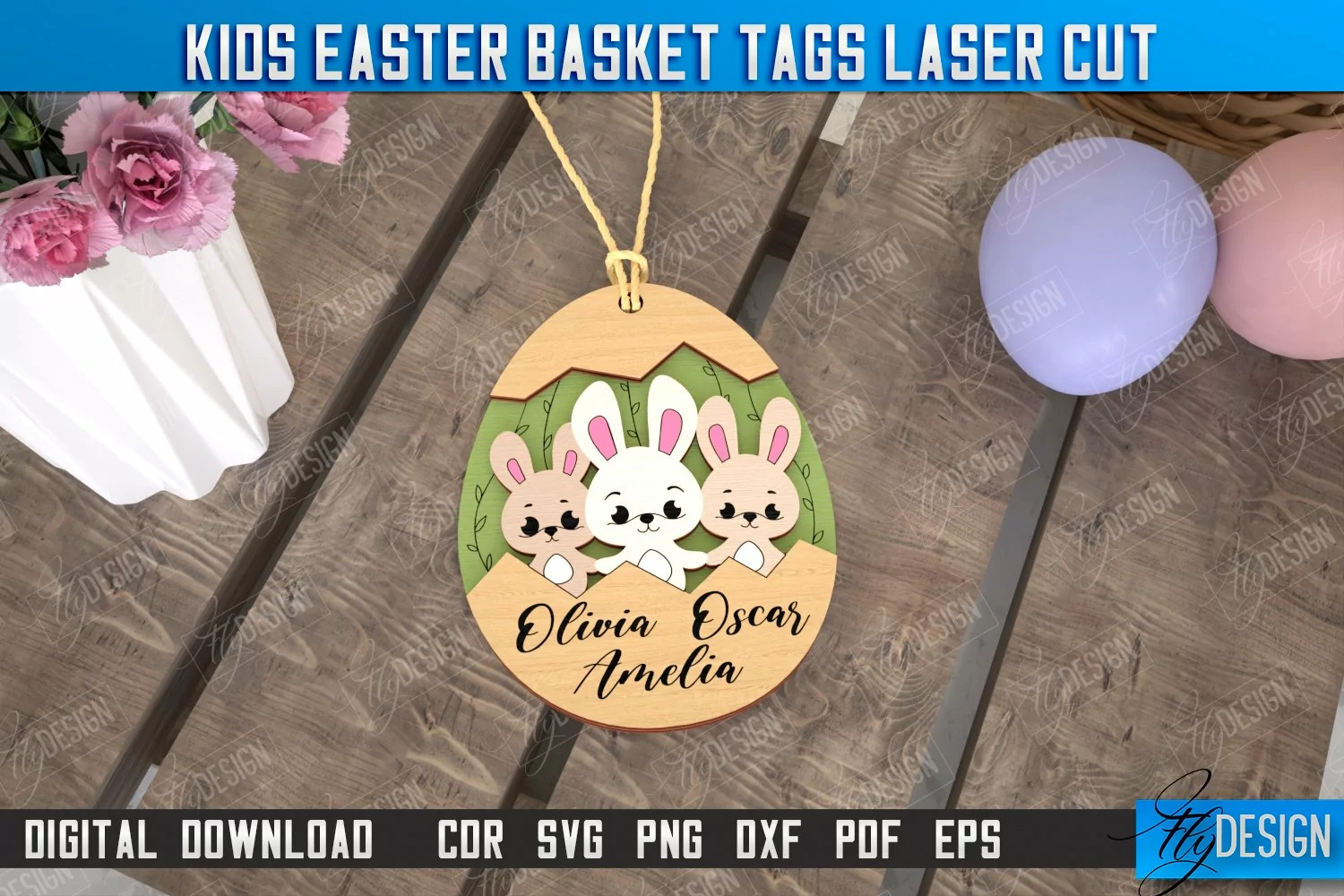 Kids Easter Basket Tag Laser Cut Design, Personalized Tag product image 1
