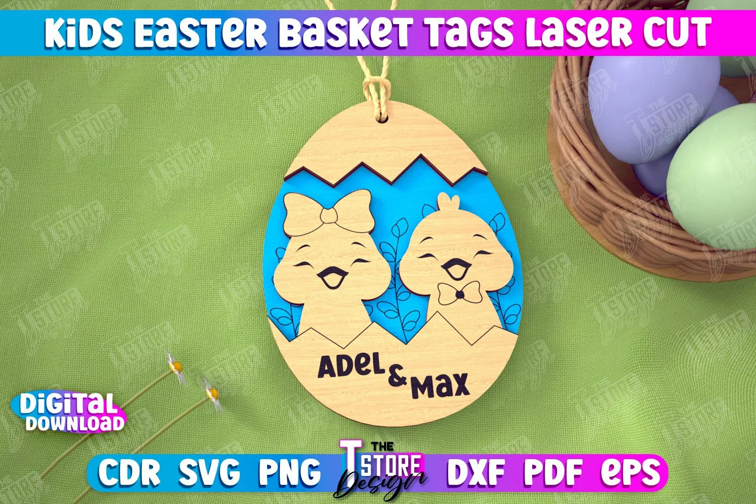 Personalized Kids Easter Egg Basket Tag Laser Cut SVG Design product image 1