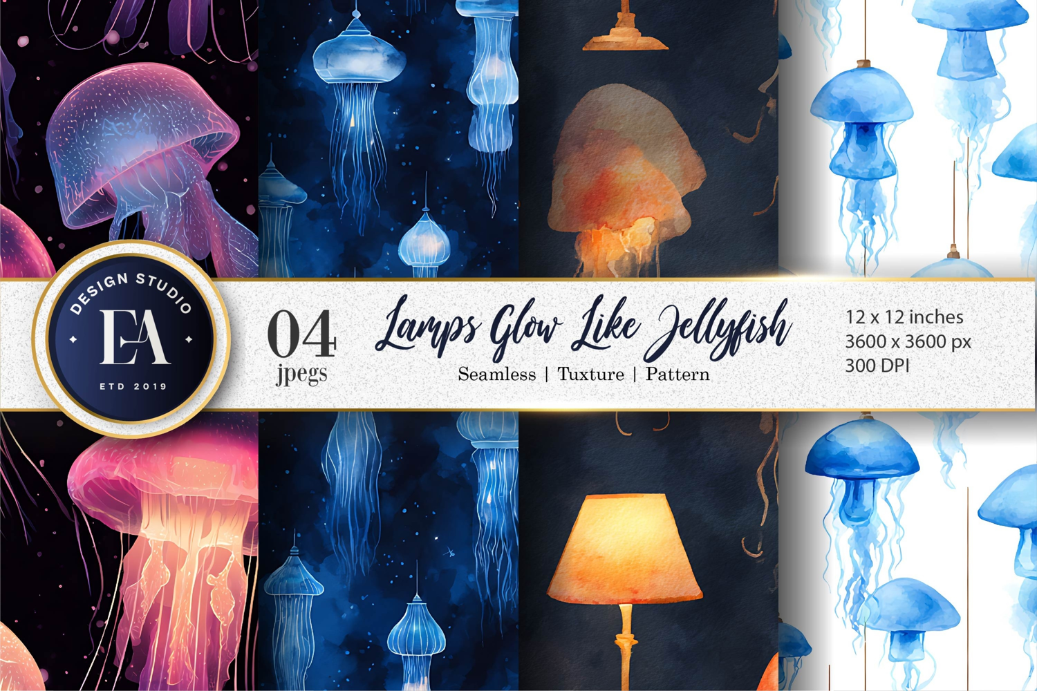 Glowing Jellyfish Lamps Seamless Watercolor Digital Paper product image 1