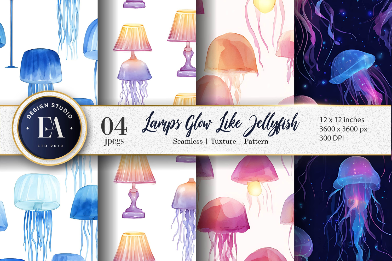 Watercolor Jellyfish Lamps Seamless Glowing Digital Paper product image 1