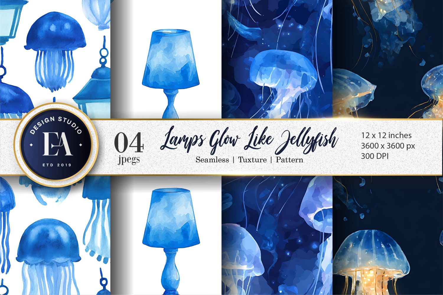 Watercolor Jellyfish Lamps Seamless Glowing Digital Paper product image 1