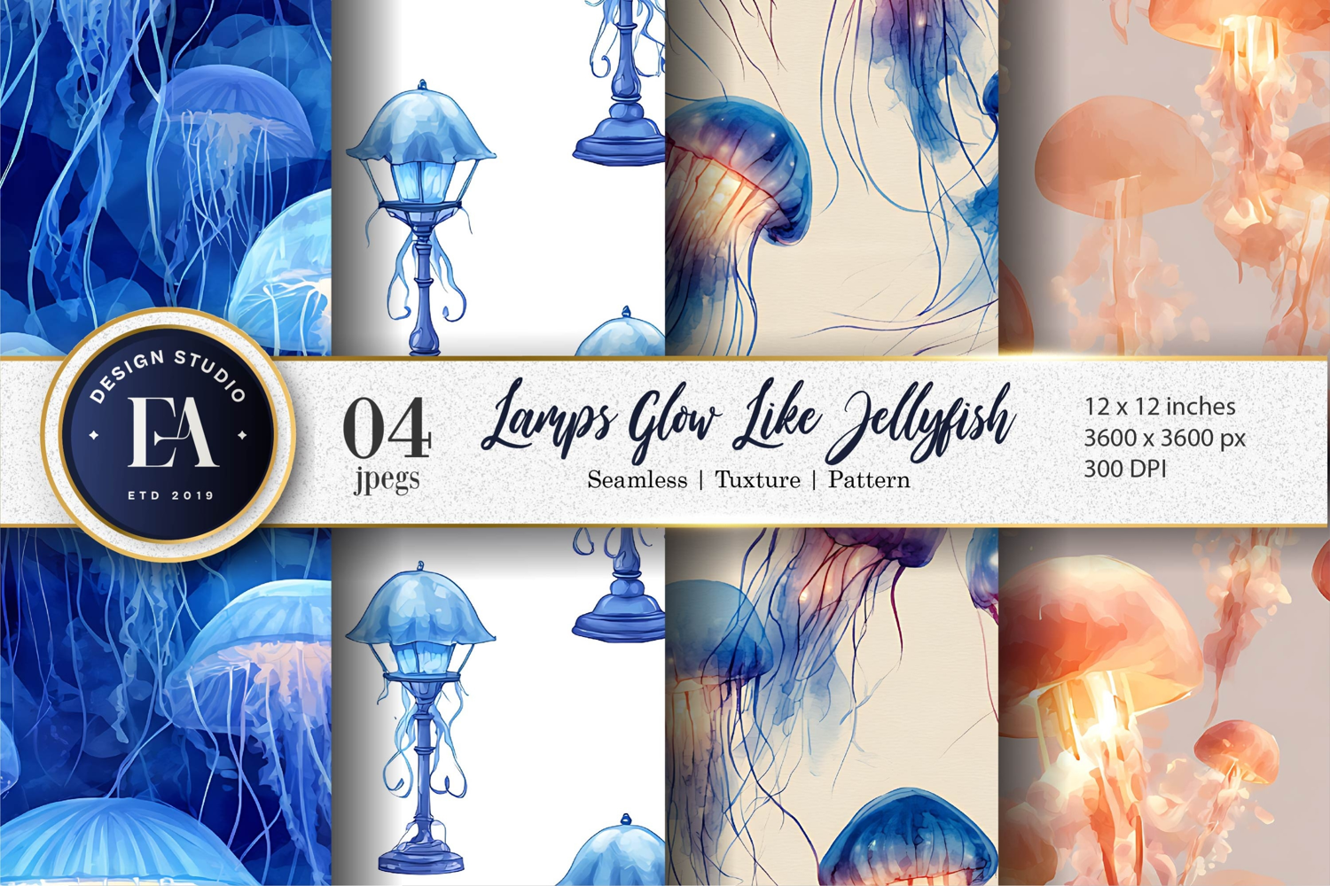 Jellyfish Lamps Glowing Watercolor Seamless Digital Paper product image 1