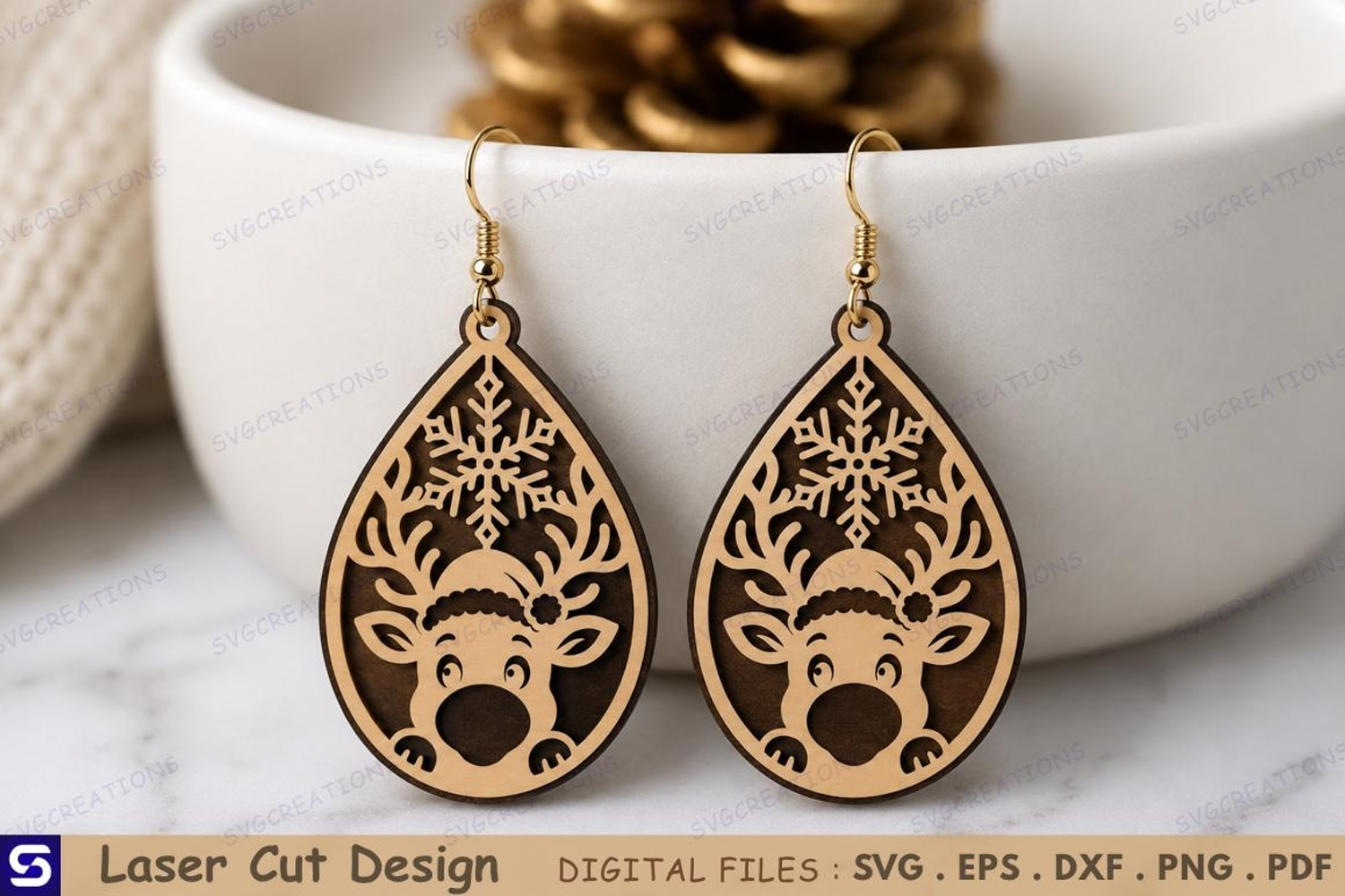 3D Christmas Reindeer Snowflake Earrings Laser Cut File product image 1