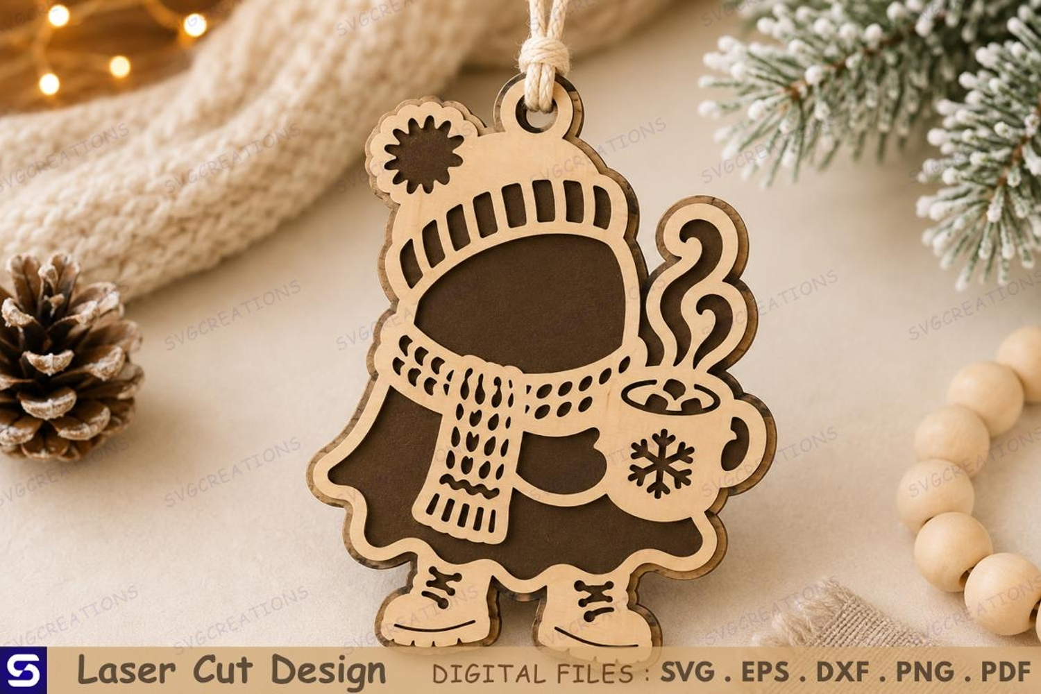 3D Winter Beanie Girl Hot Cocoa Mug Ornament Laser Cut File product image 1