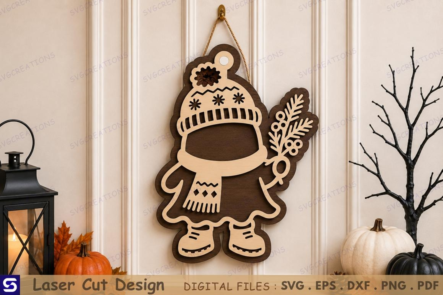 3D Winter Pine Branch Beanie Girl Door Hanger Laser Cut File product image 1