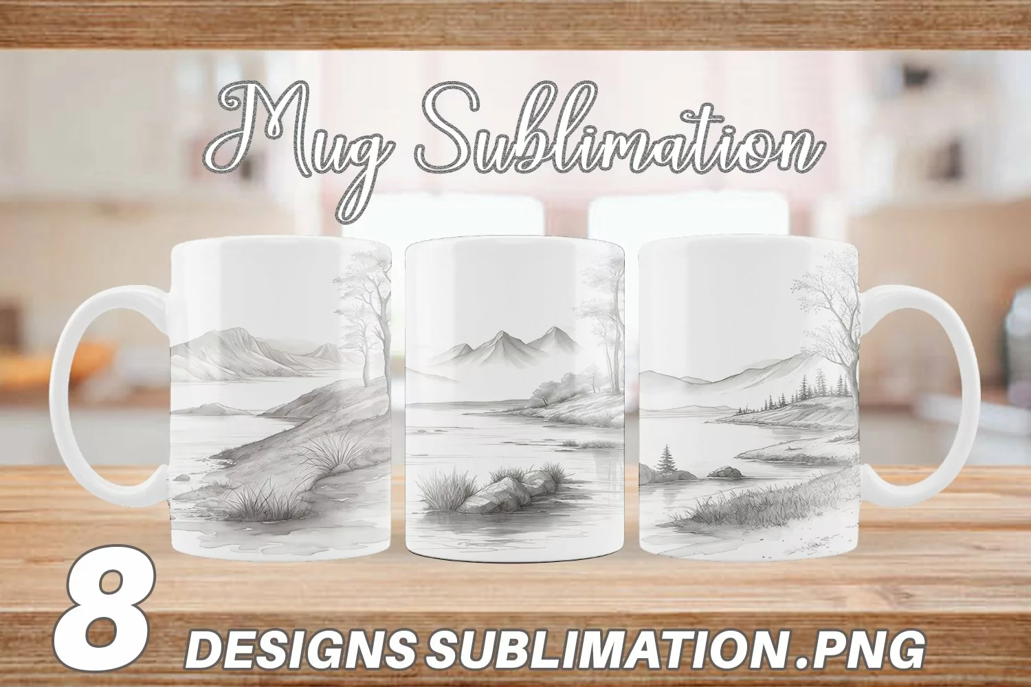Line Art Watercolor Landscape | Mug sublimation design product image 1
