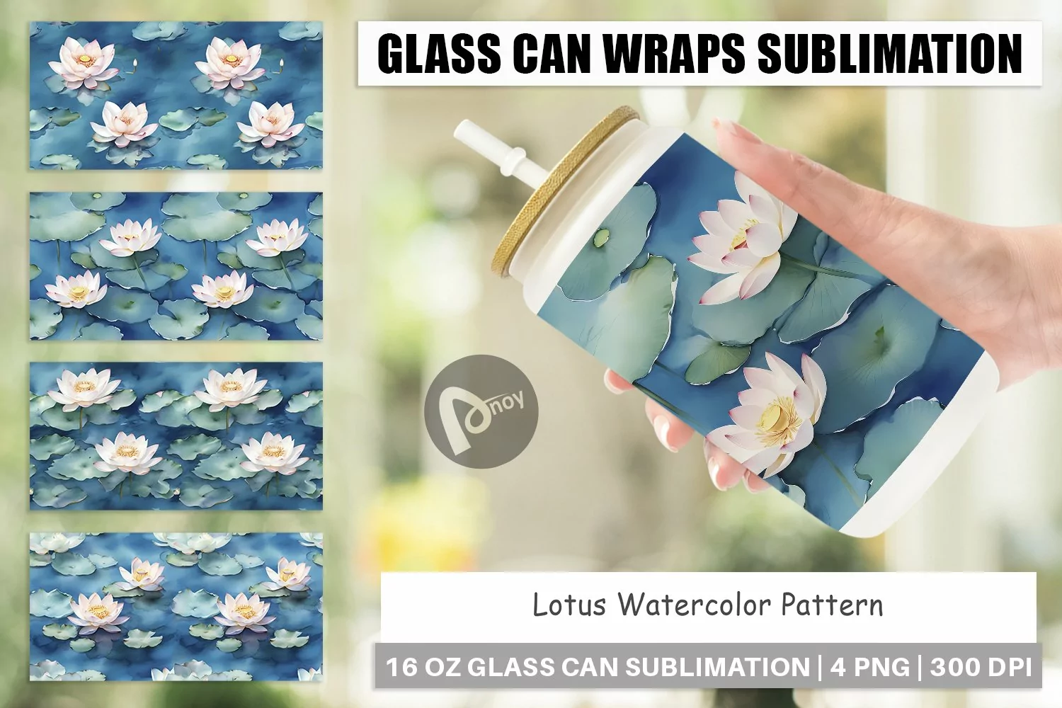 Glass Can Wraps Lotus Watercolor Pattern product image 1