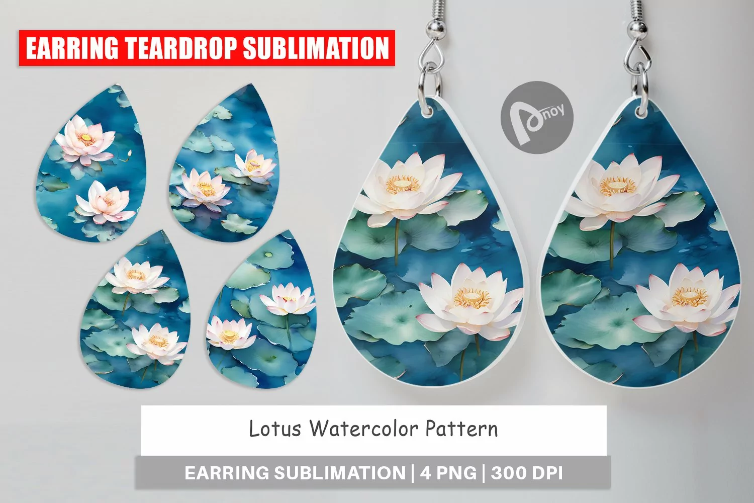 Earring Teardrop Lotus Watercolor Pattern product image 1