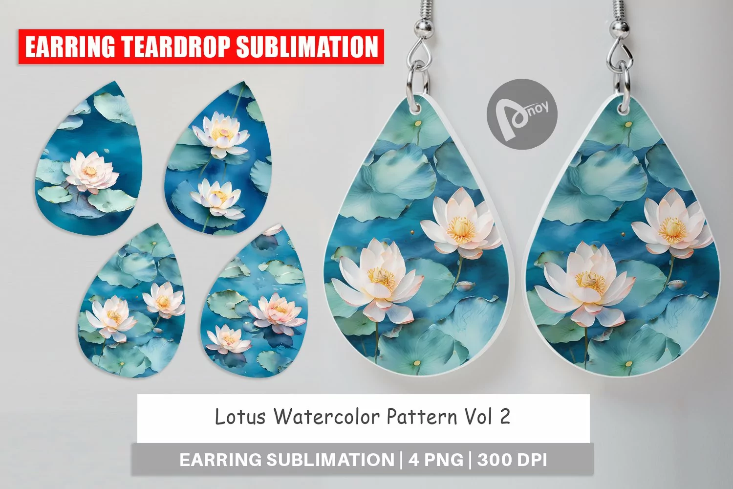 Earring Teardrop Lotus Watercolor Pattern product image 1