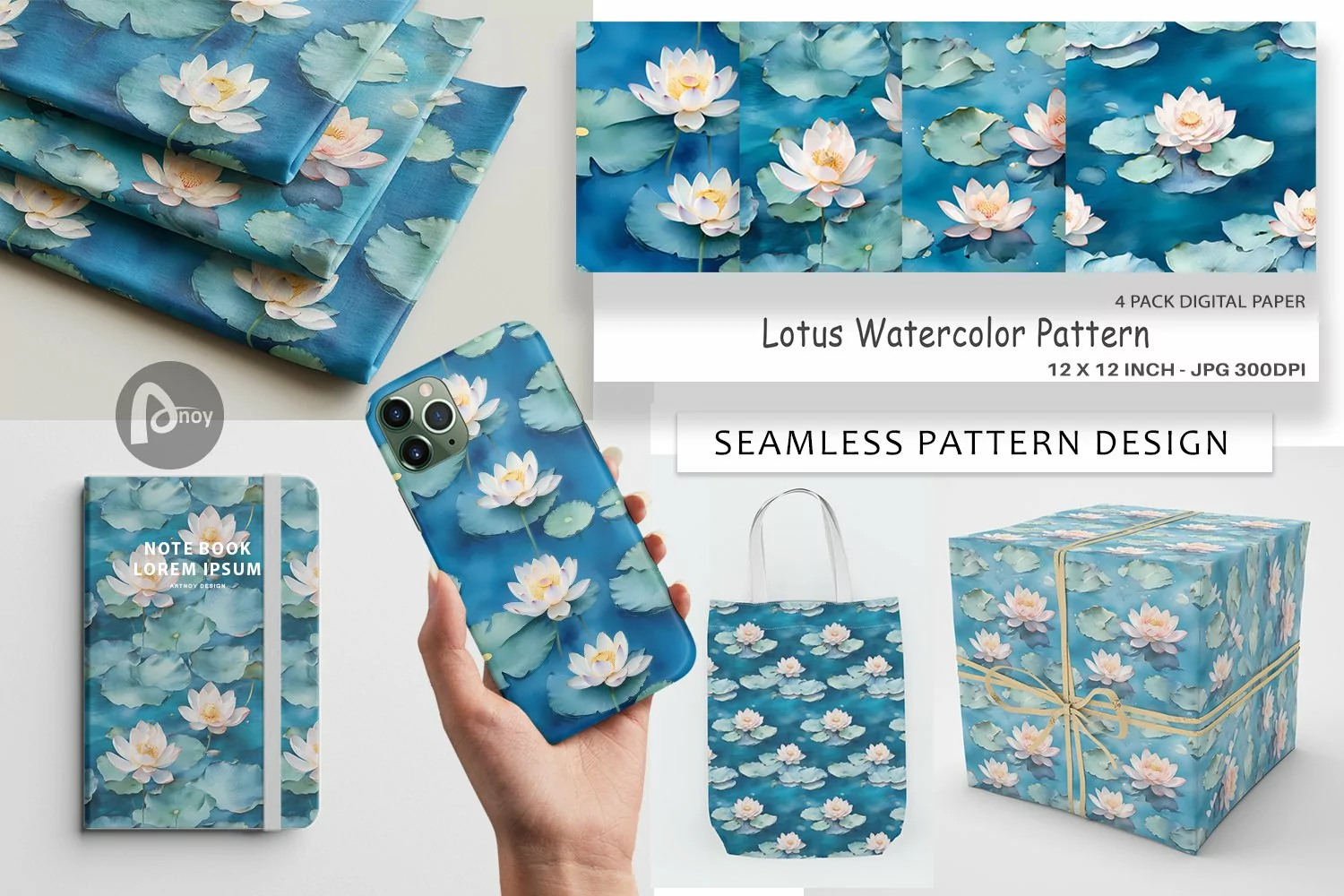 Digital Paper Lotus Watercolor Pattern product image 1
