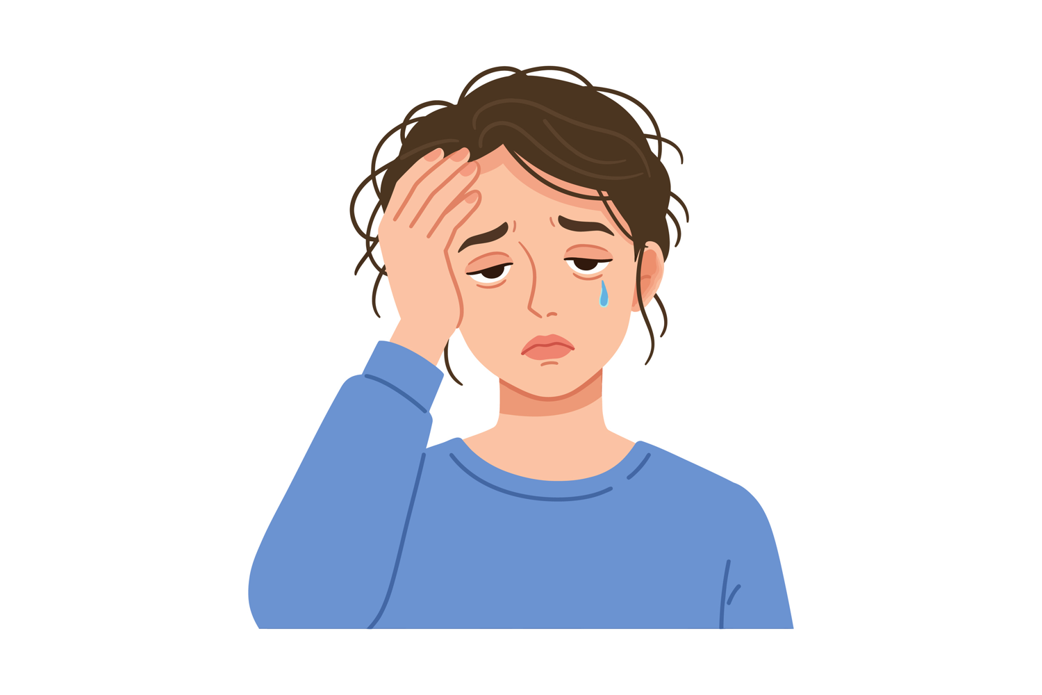 Woman with headache and tear expressing sadness and pain in product image 1