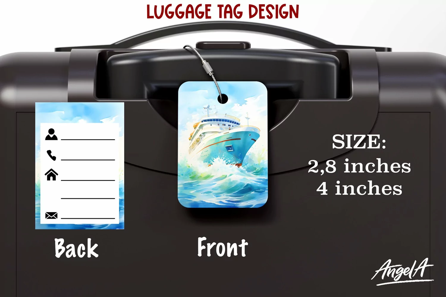 Luggage tag printable / watercolor cruise ship silhouette product image 1