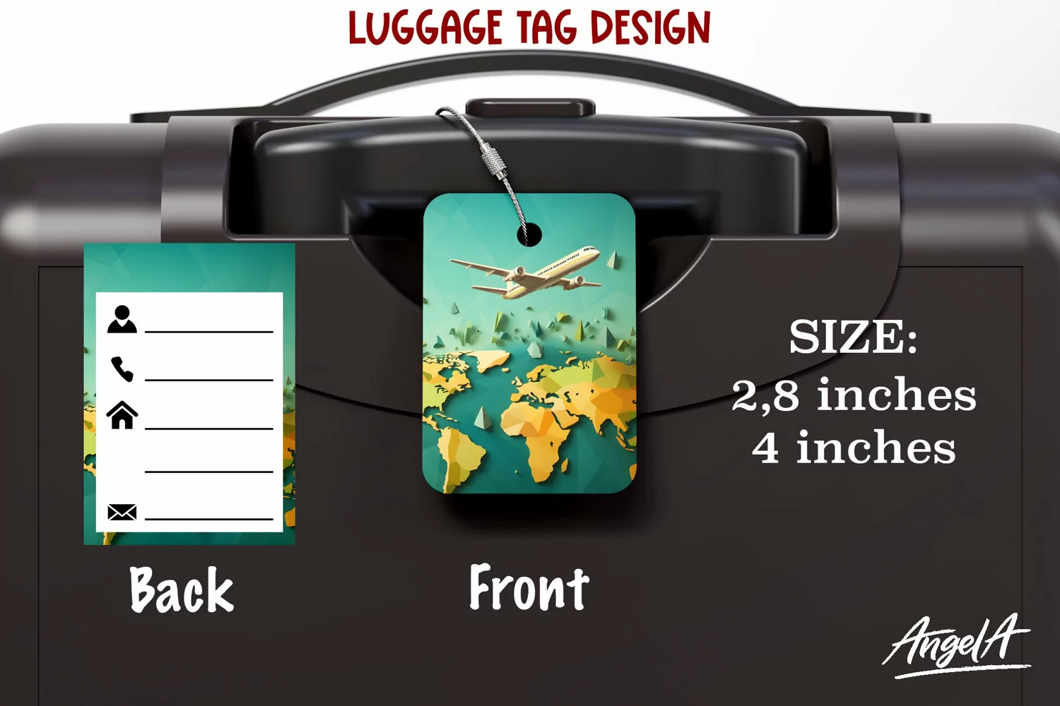 Luggage tag printable / airplane, world map / travel tag png product image 1