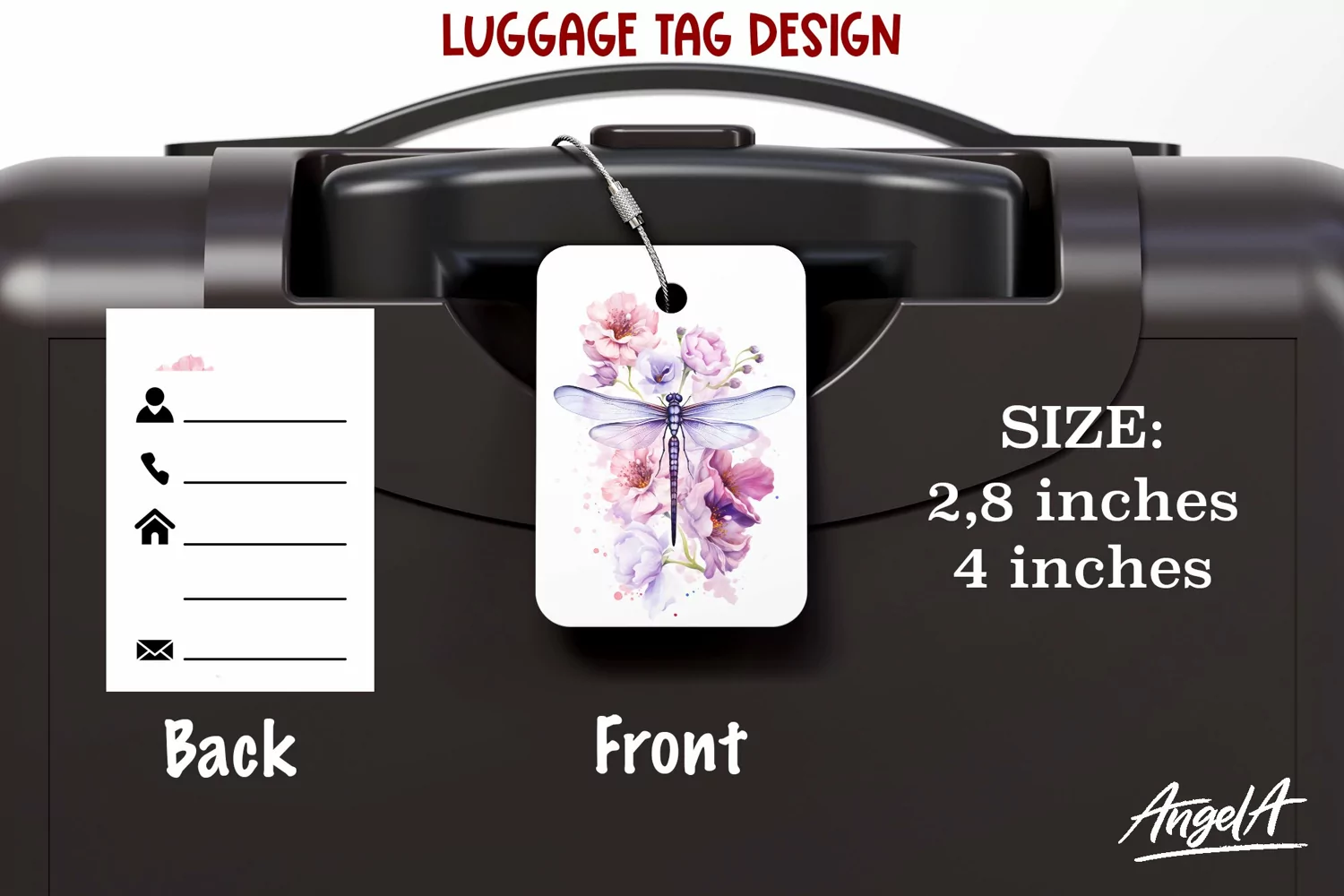 Luggage tag printable / watercolor dragonfly sublimation product image 1