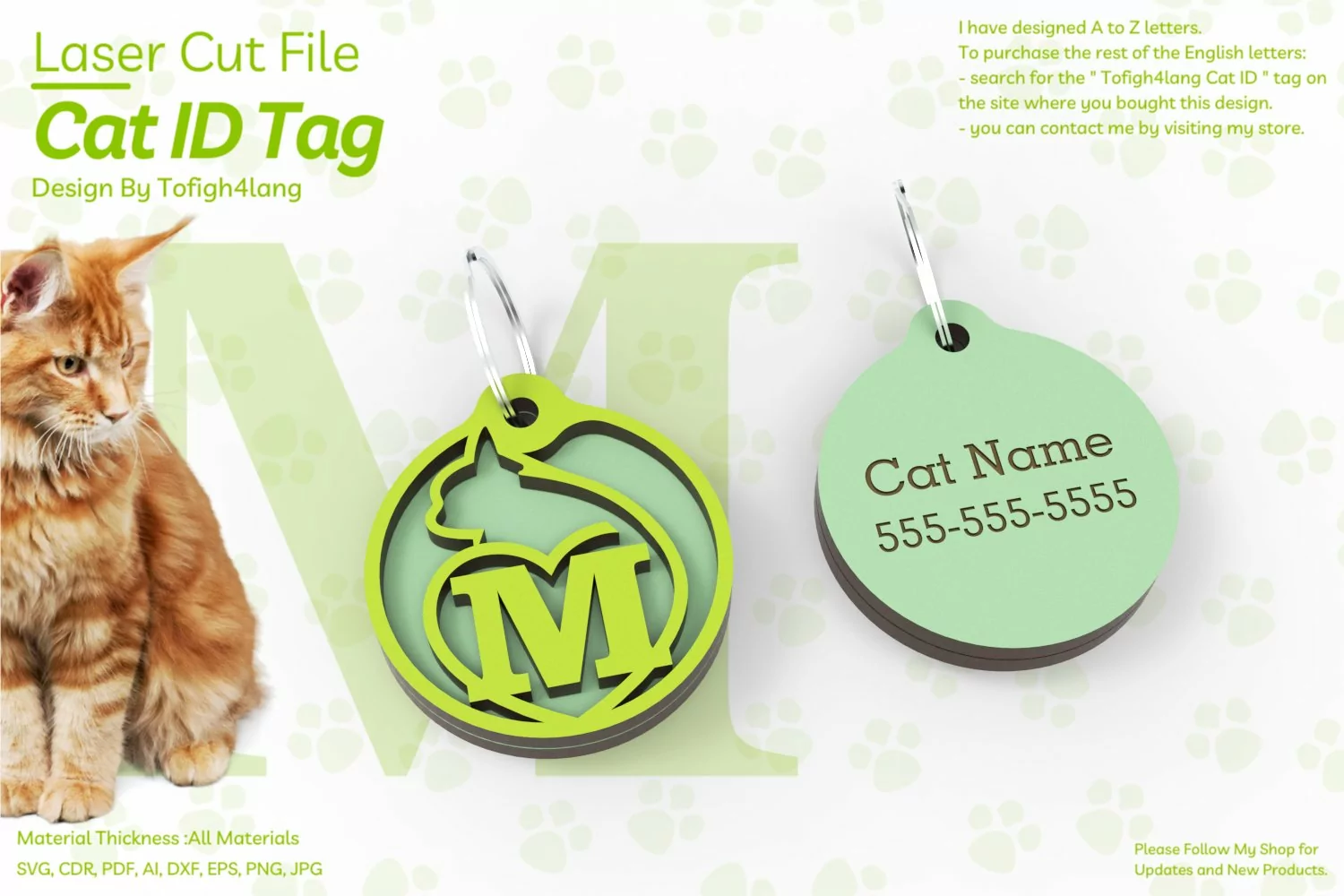M | Cat ID Tag | Cat ID Tag Slide On Collar| laser cut | SVG product image 1