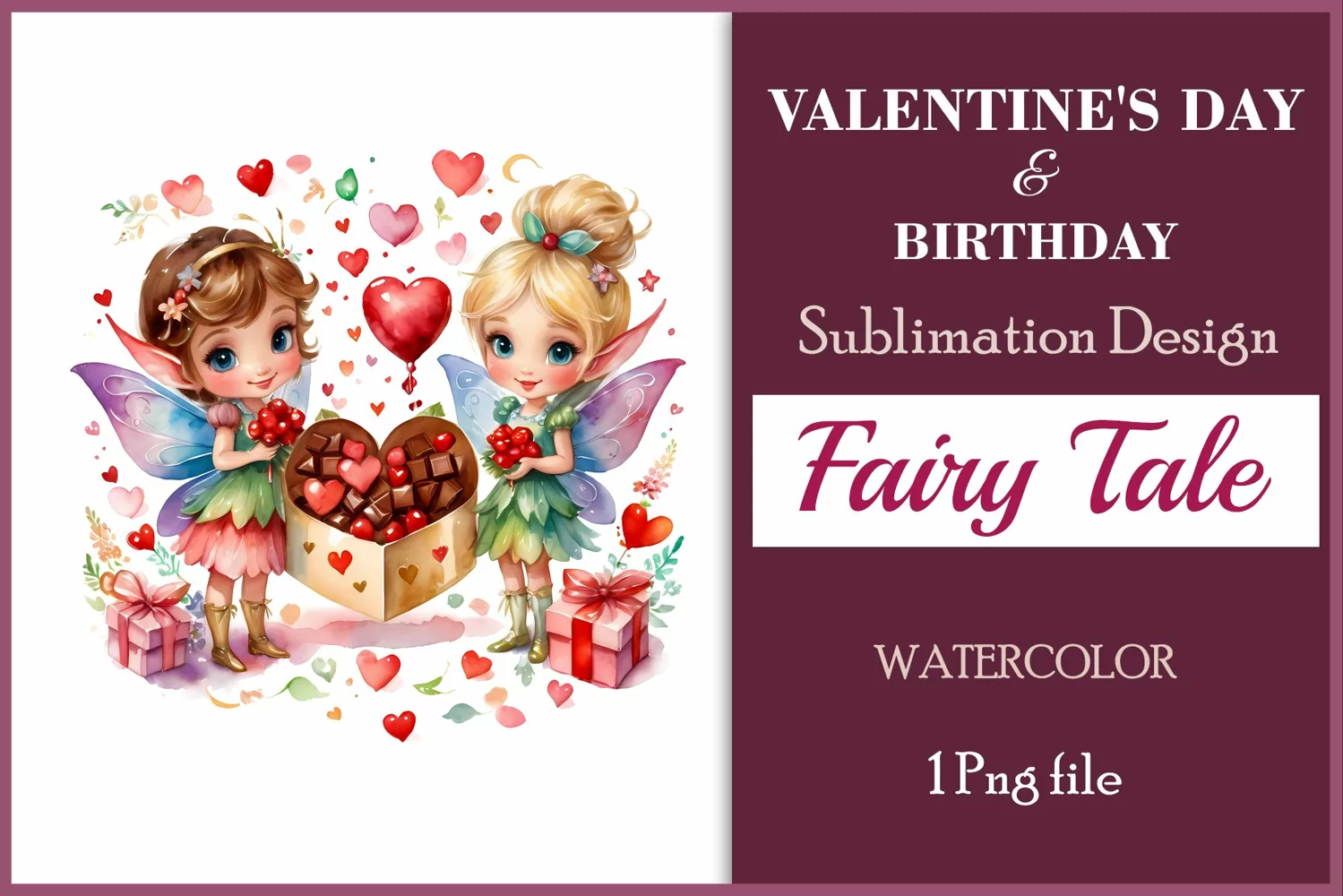Discover enchanting watercolor clipart featuring a magical fairy surrounded by hearts and flowers, perfect for expressing love on Valentine's Day, adding charm to birthdays, or creating unique sublimation designs. Bring your creative projects to life with