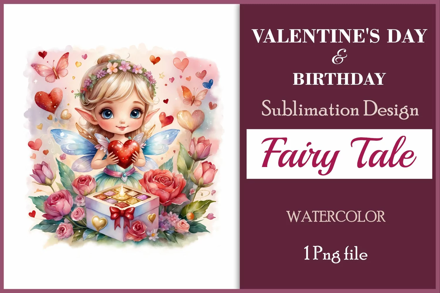 Discover enchanting watercolor clipart featuring a magical fairy surrounded by hearts and flowers, perfect for expressing love on Valentine's Day, adding charm to birthdays, or creating unique sublimation designs. Bring your creative projects to life with