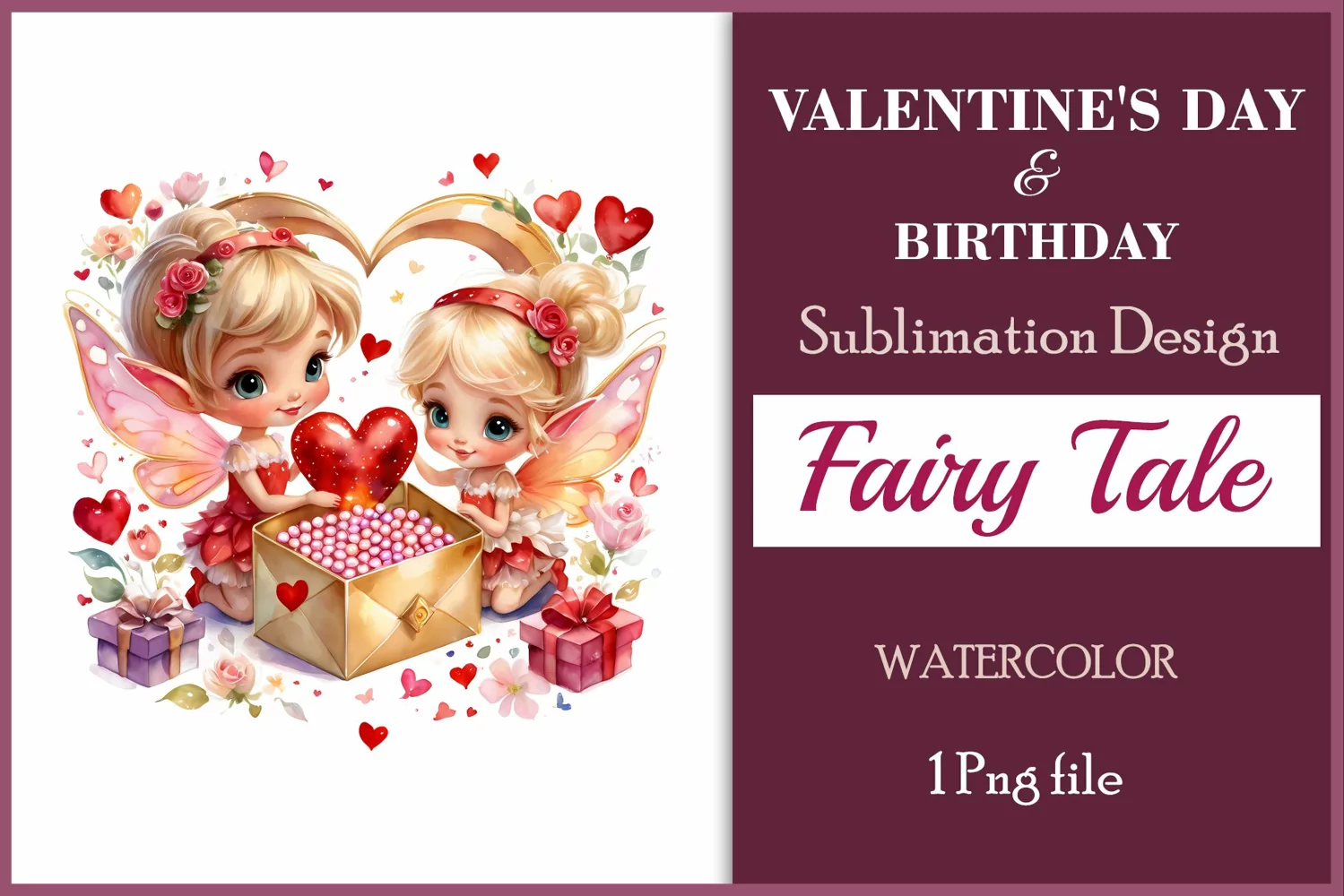 Discover enchanting watercolor clipart featuring a magical fairy surrounded by hearts and flowers, perfect for expressing love on Valentine's Day, adding charm to birthdays, or creating unique sublimation designs. Bring your creative projects to life with