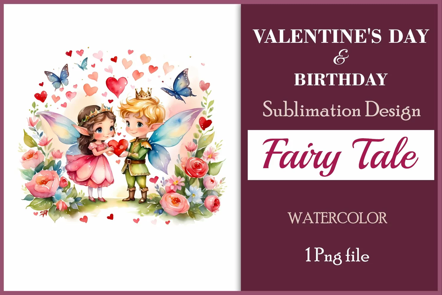 Discover enchanting watercolor clipart featuring a magical fairy surrounded by hearts and flowers, perfect for expressing love on Valentine's Day, adding charm to birthdays, or creating unique sublimation designs. Bring your creative projects to life with