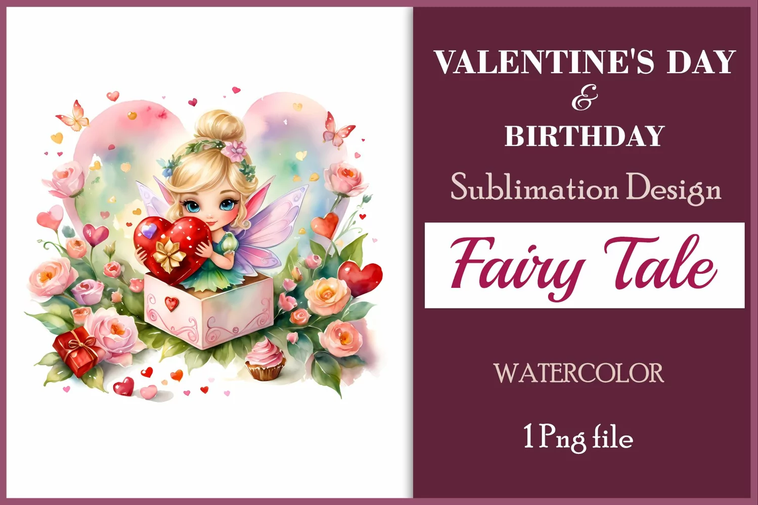 Discover enchanting watercolor clipart featuring a magical fairy surrounded by hearts and flowers, perfect for expressing love on Valentine's Day, adding charm to birthdays, or creating unique sublimation designs. Bring your creative projects to life with