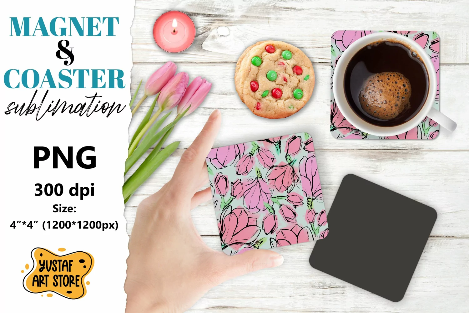 Flowers magnet/Flowers coaster. Magnolia flowers sublimation product image 1