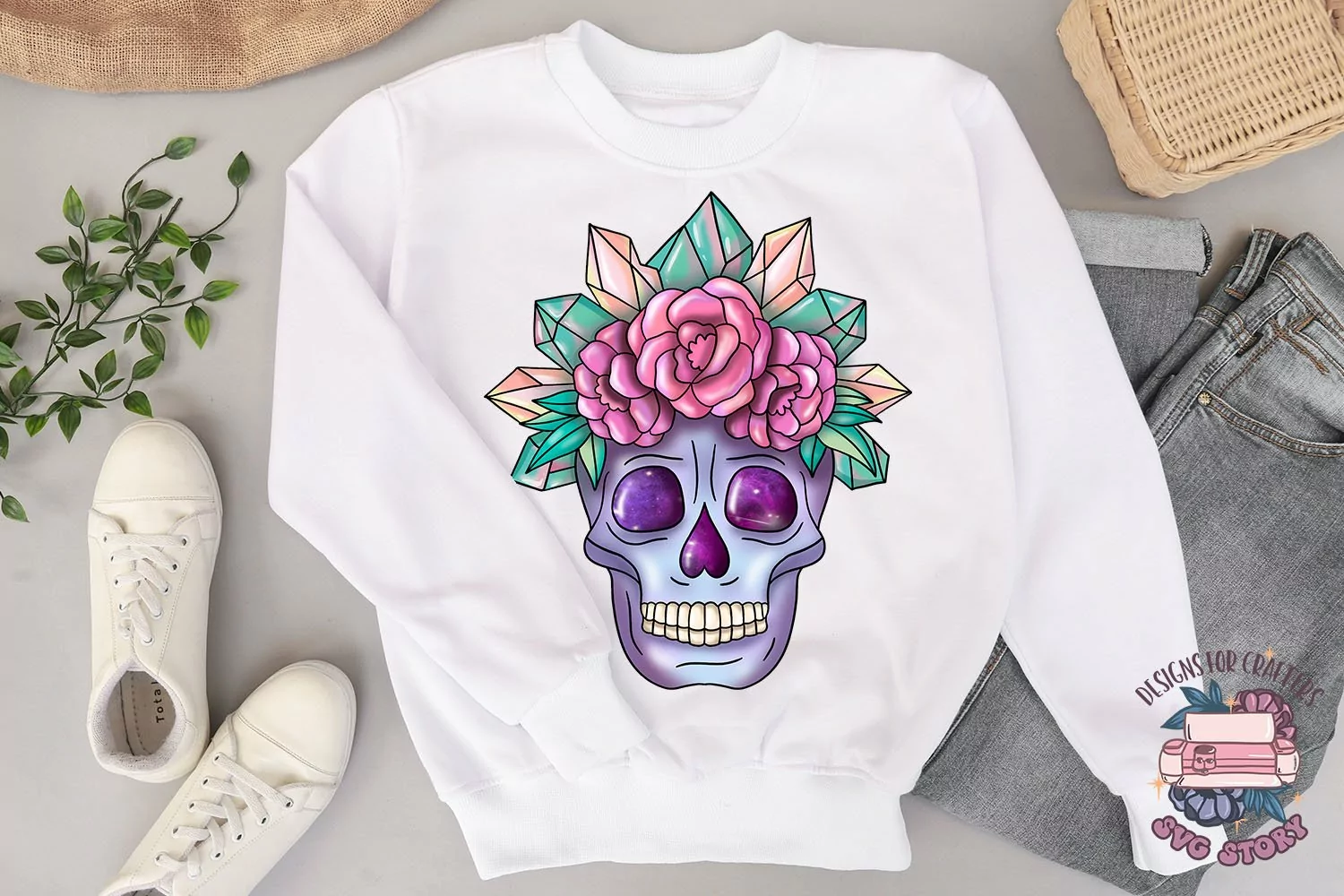 Skull with flowers Sublimation design PNG File Crystals product image 1