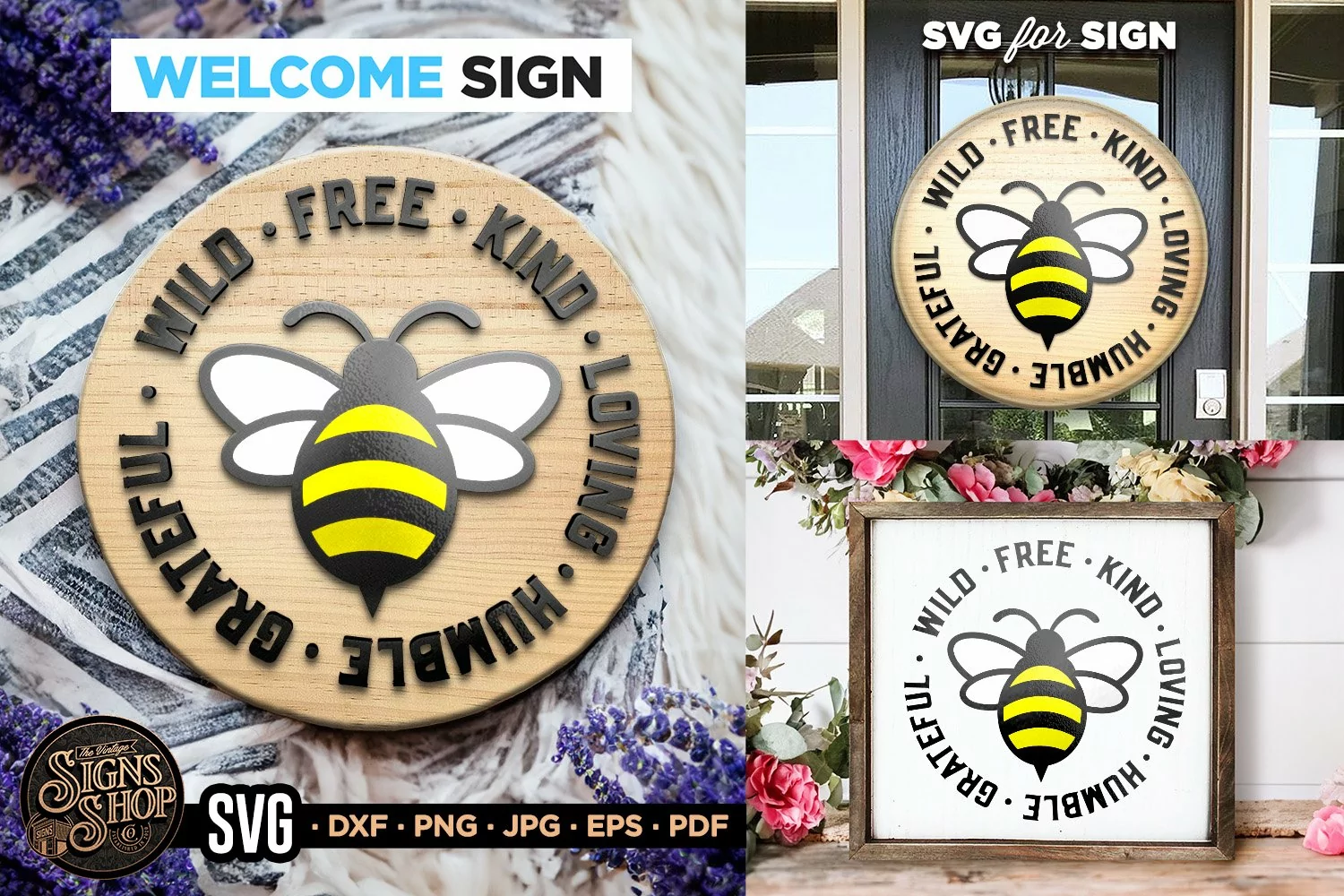 Wild, Free, Kind Bee | Bee SVG Door Hanger Sign | Cricut product image 1