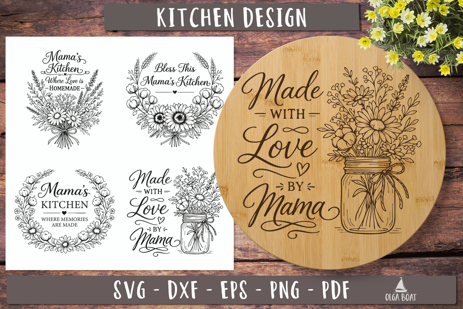 Mama Kitchen Floral SVG Vintage Cutting Board