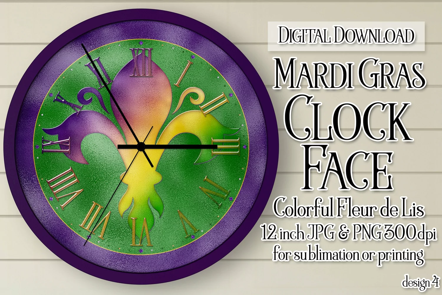 Mardi Gras Clock, Fleur de Lis 12" Clock Face Sublimation d4 product image 1