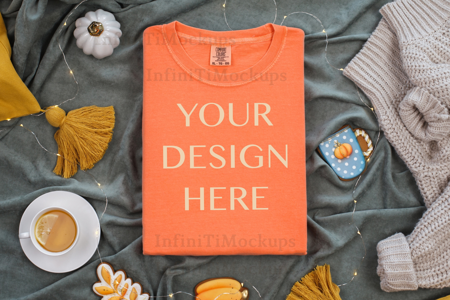 Melon Comfort Colors 1717 Orange t-shirt mockup Fall flatlay product image 1