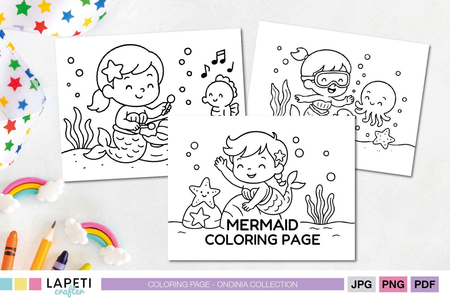 Printable mermaid coloring page for kids featuring a cute underwater scene