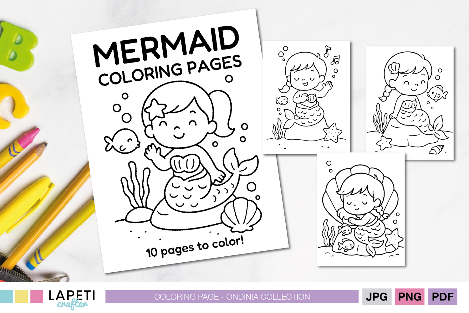 Cute mermaid coloring pages cover with happy undersea scene, perfect printable activity for kids.