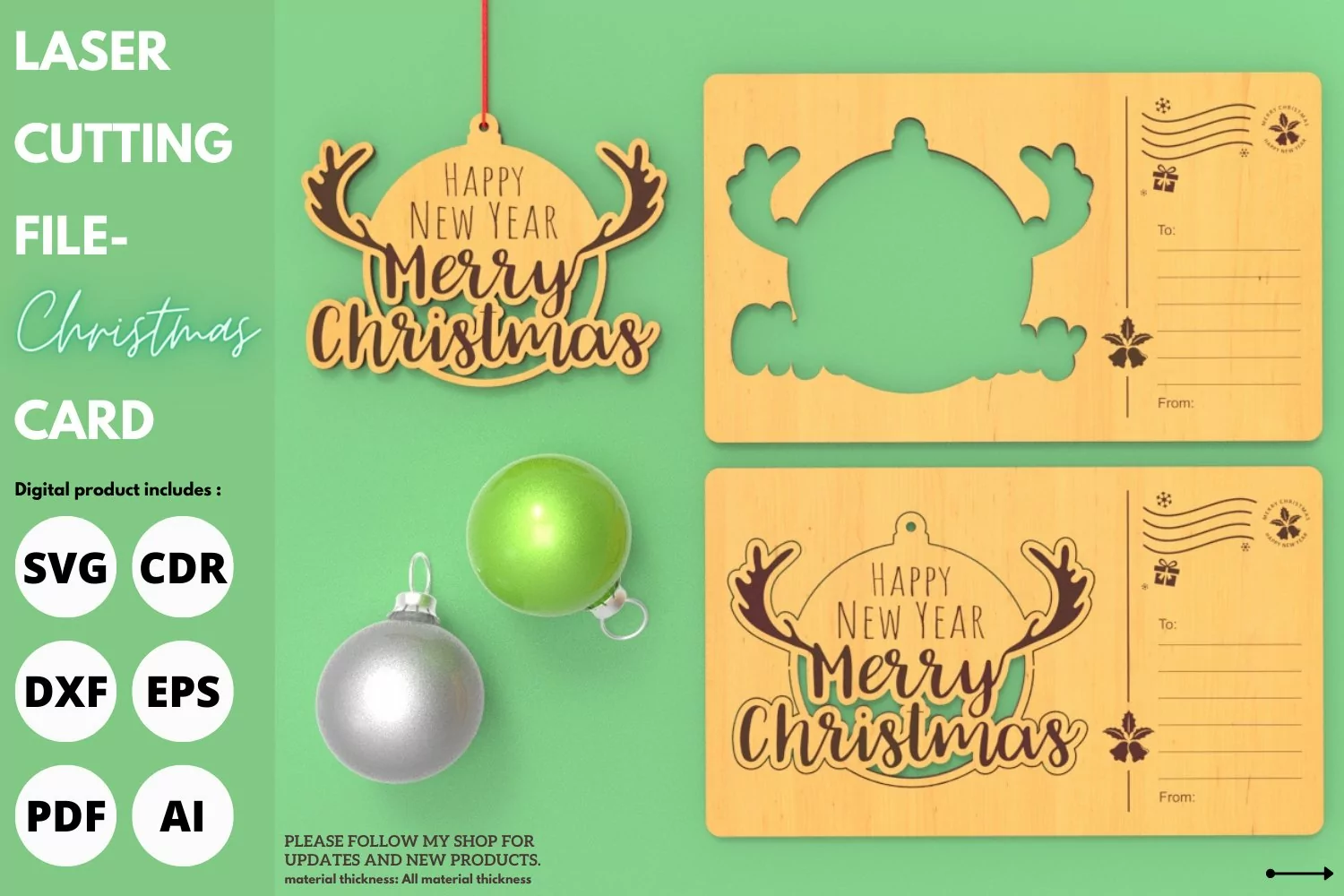 Merry Christmas Greeting Card Ornament, SVG, laser cut, xmas product image 1