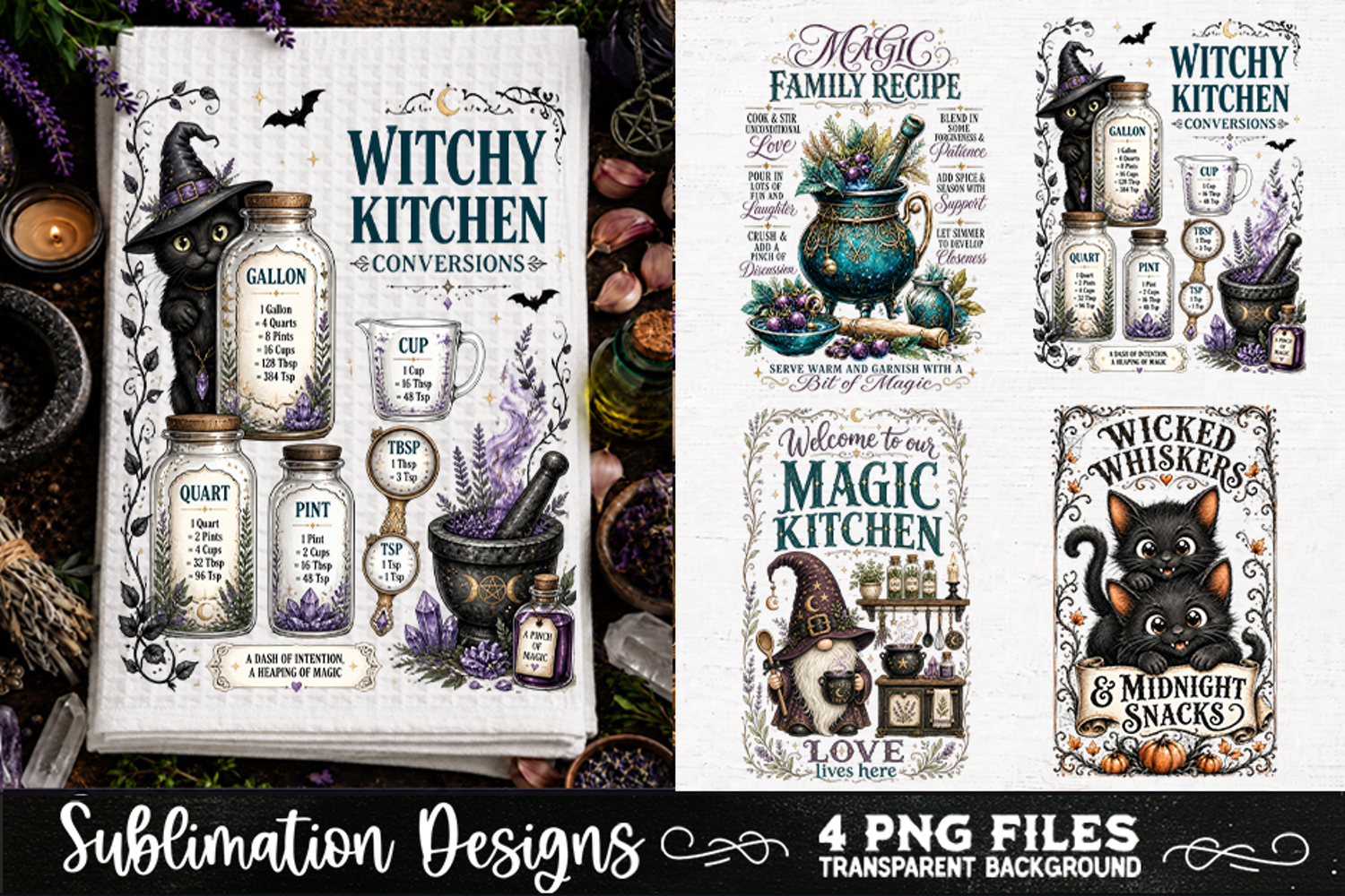 Magic Witchy Kitchen Towels PNG Sublimation Designs 4 Files product image 1