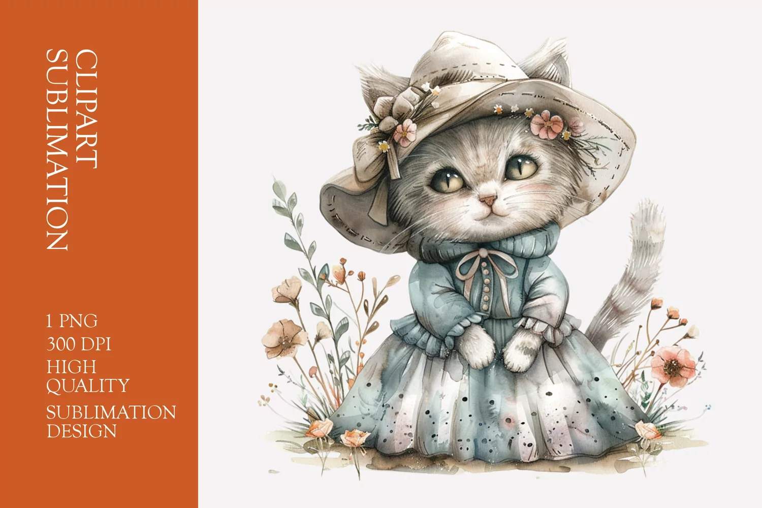 Cute Cat with Flower And Hat WYatercolor Clipart product image 1