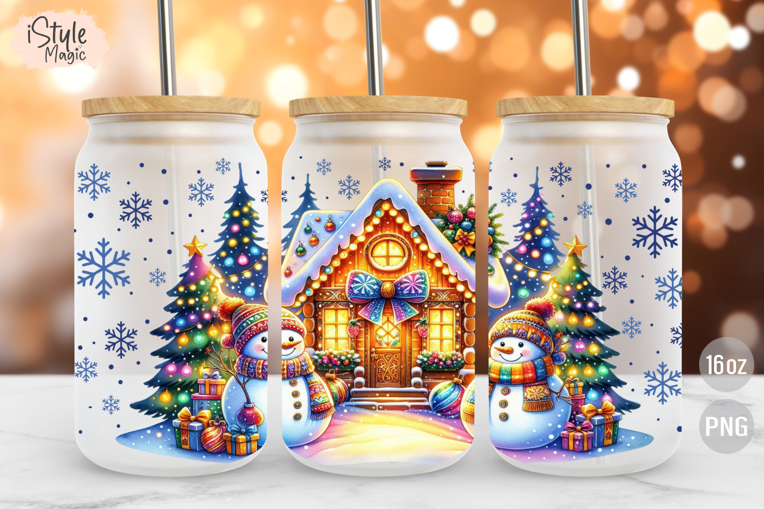 Blue Christmas Snowman 16 oz Libbey Glass Can Wrap PNG product image 1