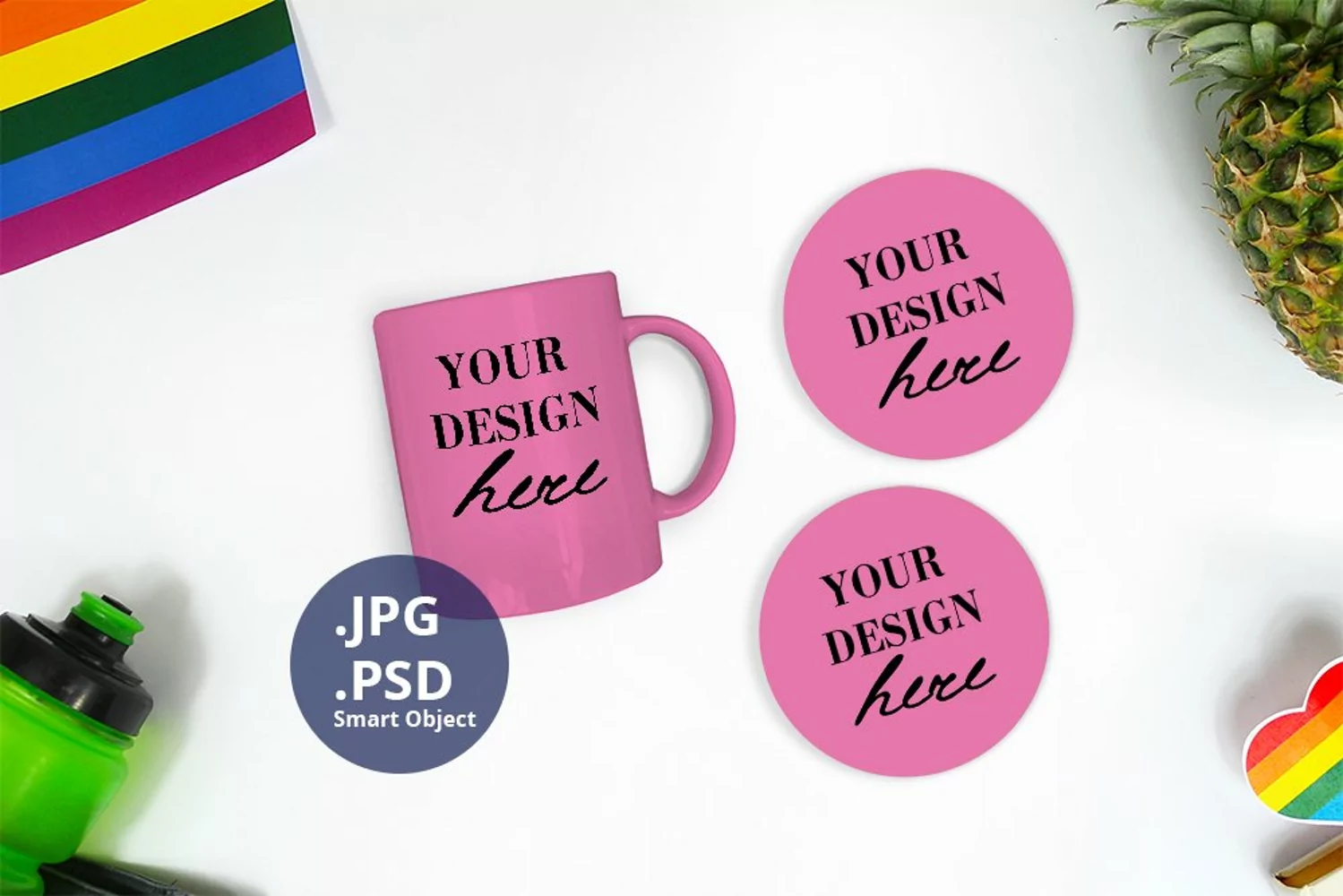 Color mug & 2 round coasters Mockup Pride, Mockup PSD & JPG product image 1