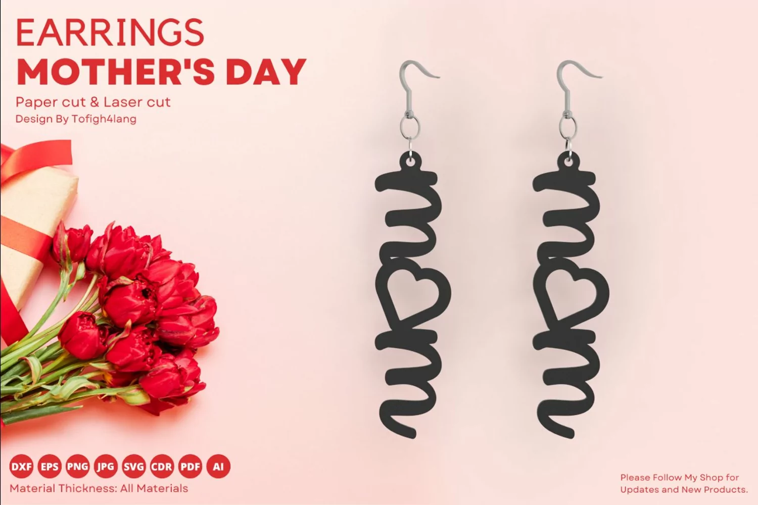 Mom Heart Earrings Mother's Day Gift, paper cut, laser cut product image 1