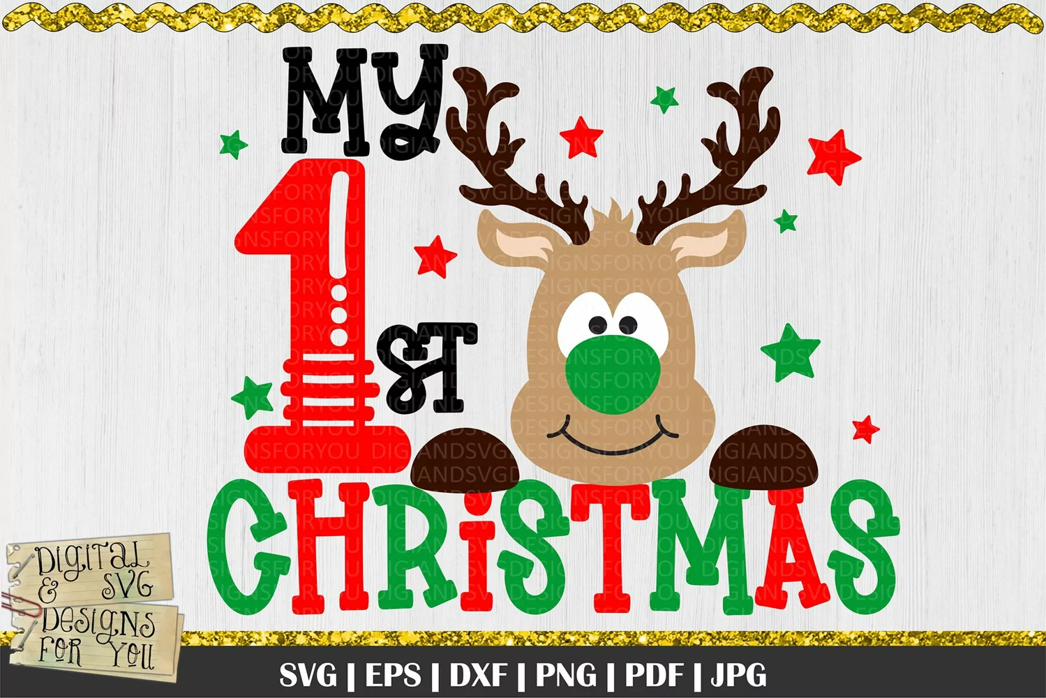 My 1st Christmas is a professional design that is ready to be cut with all major cutting machines. Printable file formats also available.