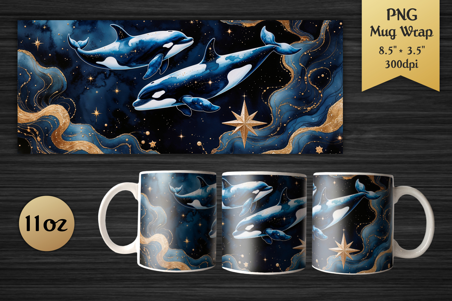 Mystical Orca. Celestial Watercolor Art. Perfect for 11 oz mugs, this wrap is ideal for crafters and print-on-demand projects.