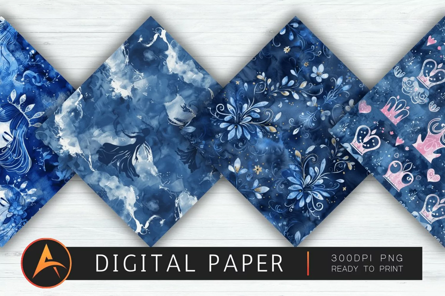 Navy Blue Watercolor Princess Digital Paper product image 1