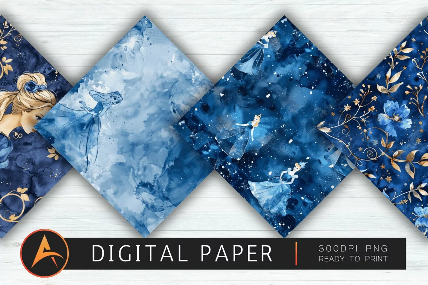 Navy Blue Watercolor Princess Digital Paper product image 1